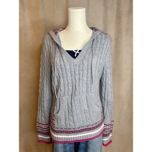 Dressbarn Gray Cable Knit Hoodie Sweater L Pink Fair Isle Trim